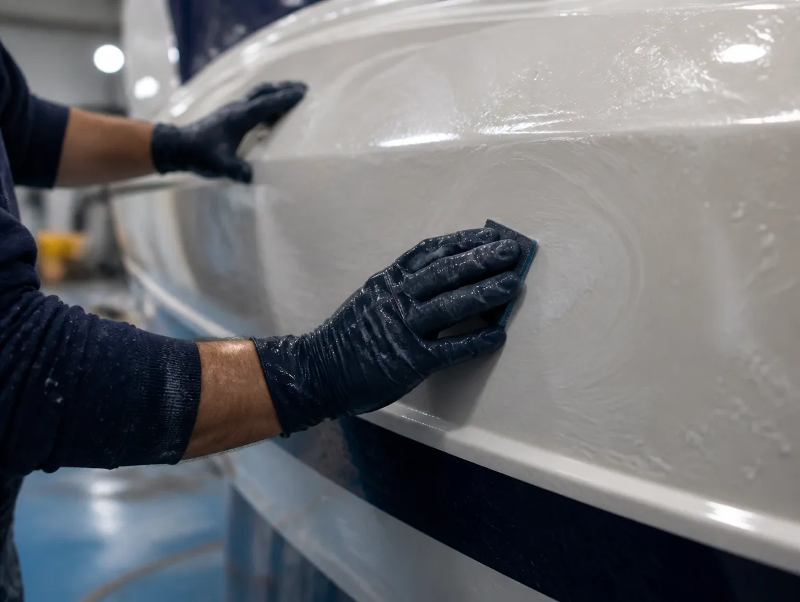 Hands wet-sanding a glossy white fiberglass boat hull