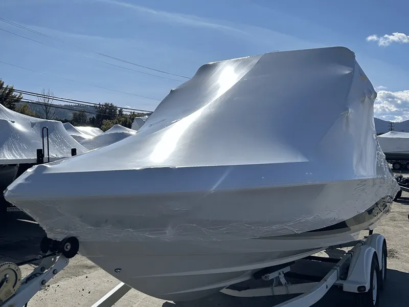 A boat sealed in white shrink wrap